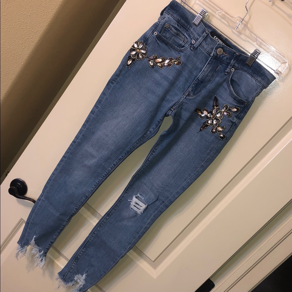 Express Blue Skinny Jeans with Floral Jewel Embellishments